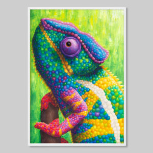 Colourful chameleon art print by Rachel Froud