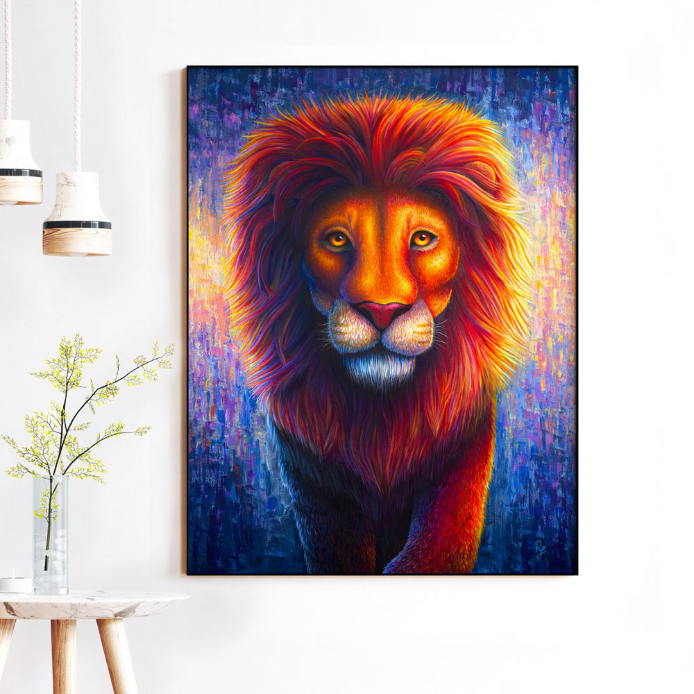 colourful lion art print by Rachel Froud artist