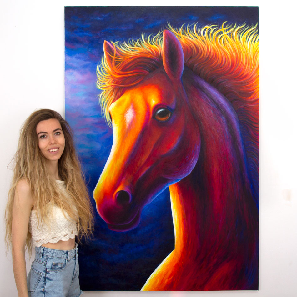 large colourful horse painting by Rachel Froud