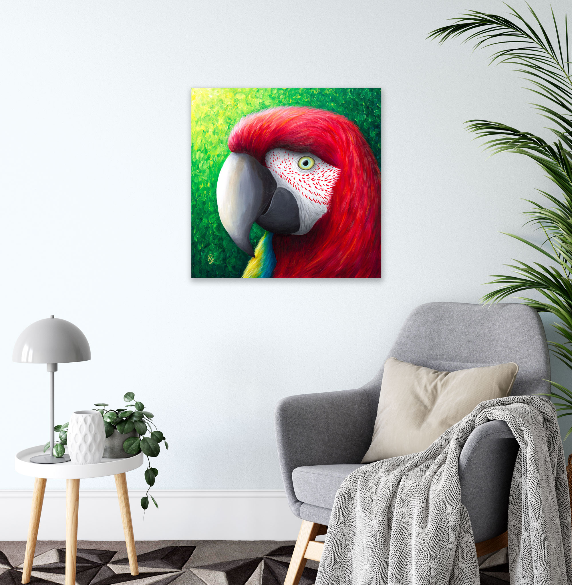 colourful tropical parrot macaw painting by Rachel Froud