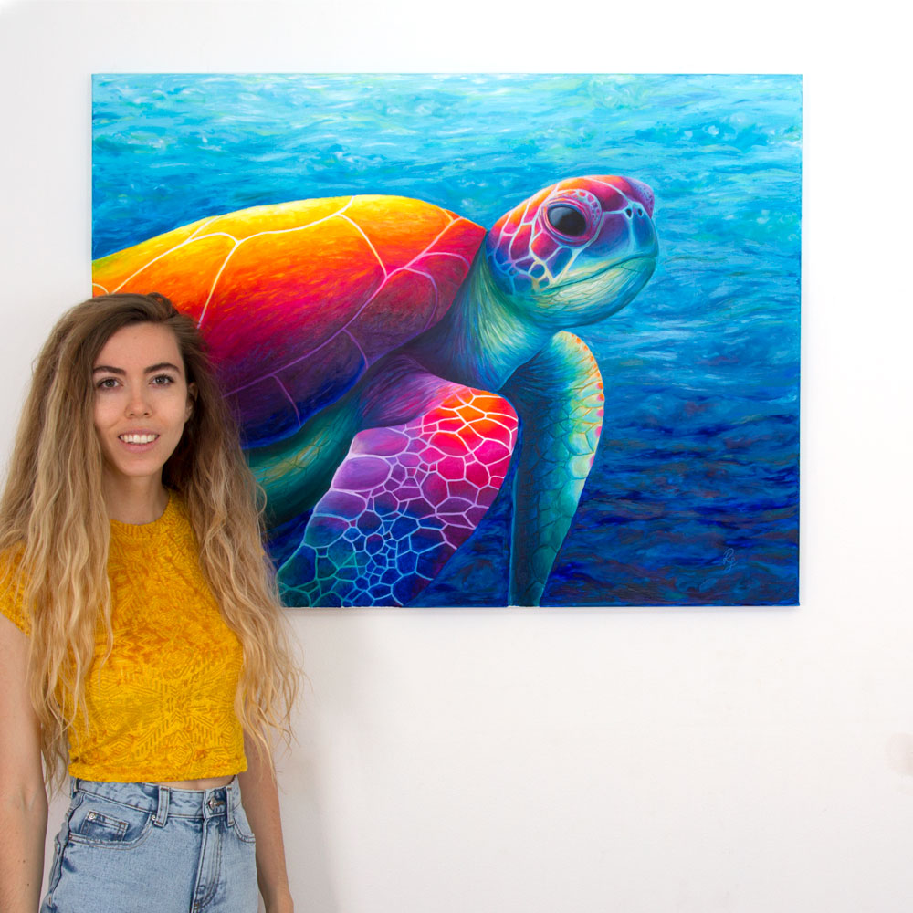 colourful sea turtle painting on canvas by Rachel Froud