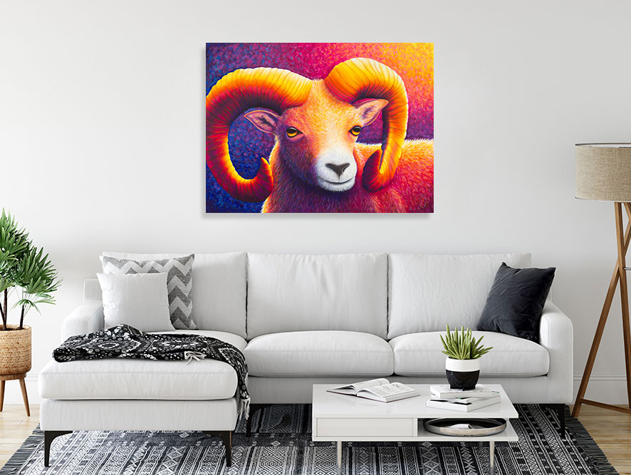colourful painting of a ram by Rachel Froud art