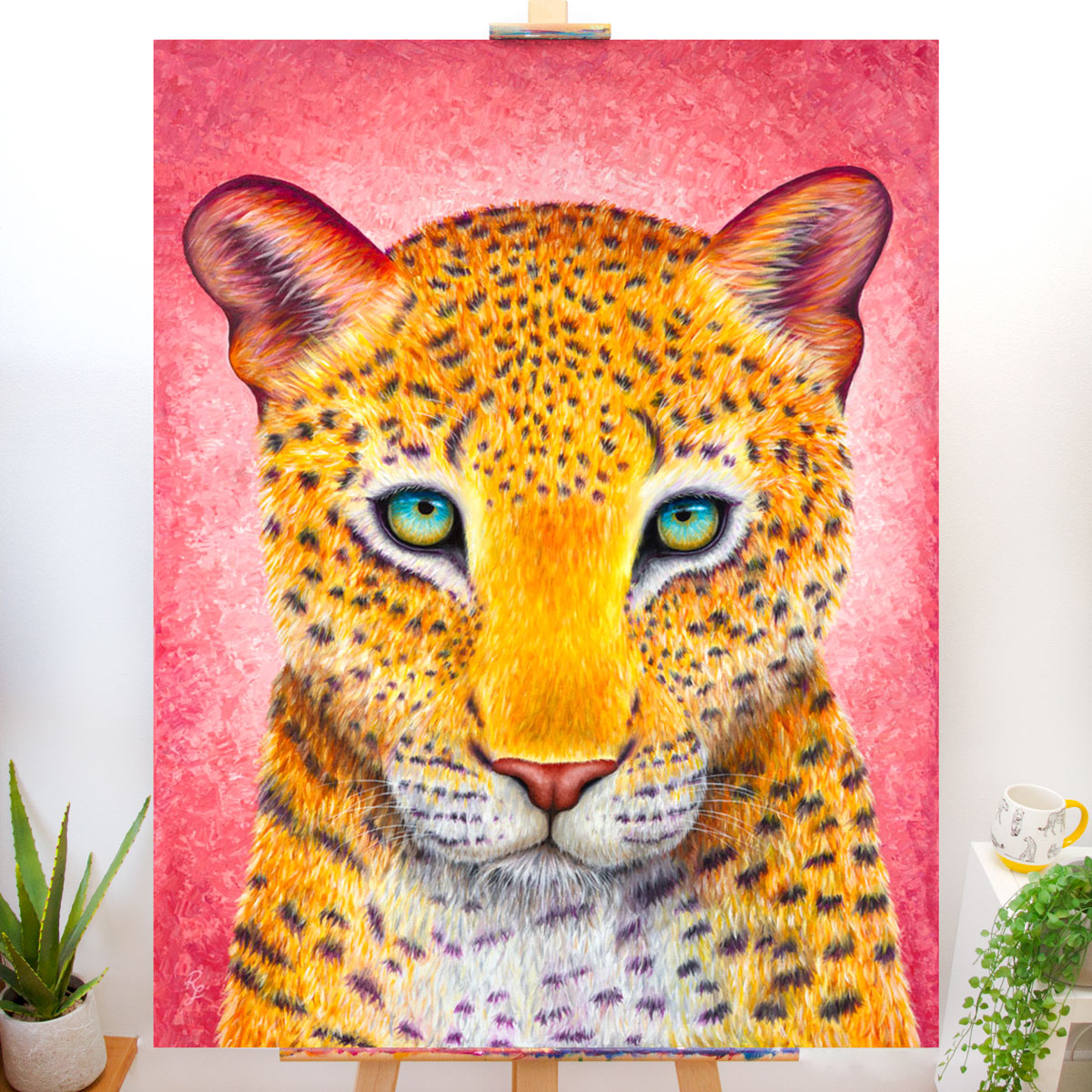 leopard painting with pink background by Rachel Froud artist