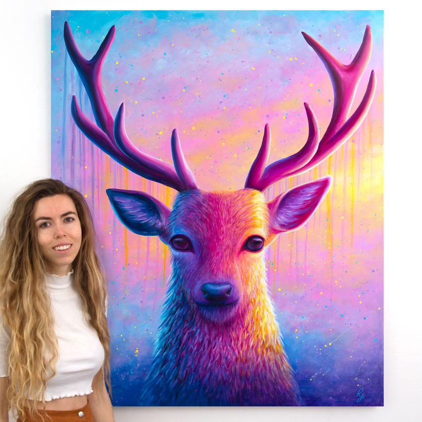 colourful stag painting by Rachel Froud