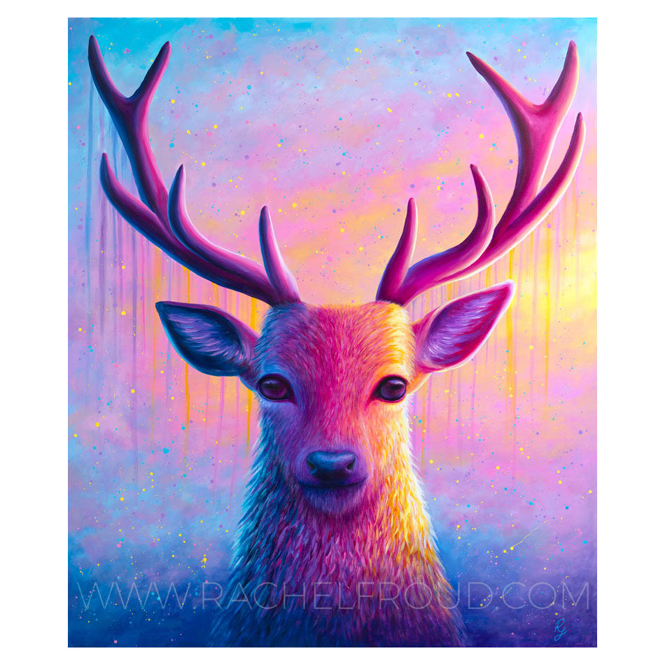 colourful stag original painting by Rachel Froud
