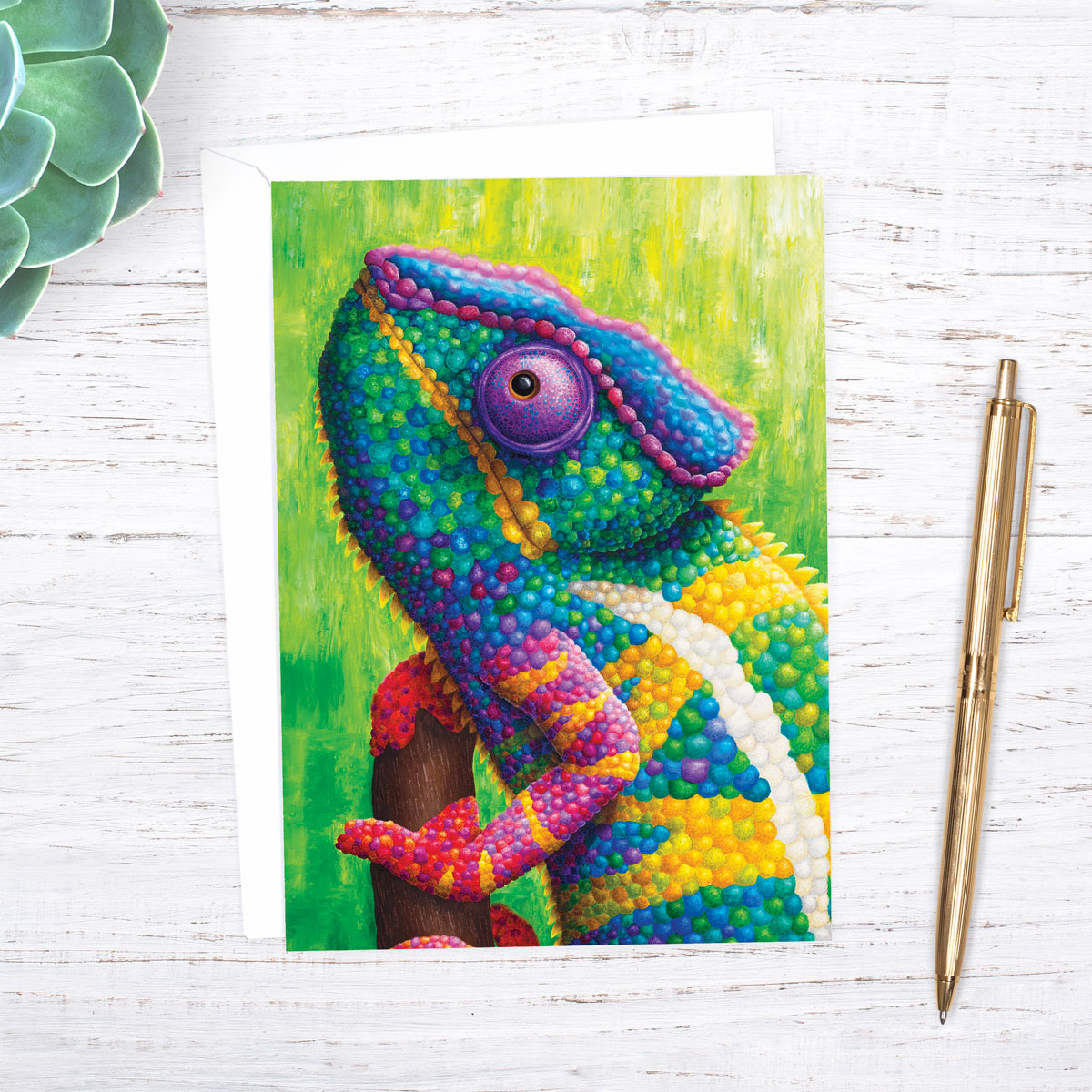 Colourful chameleon greetings card