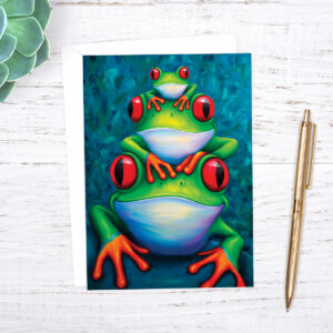 Colourful tree frog family greetings card