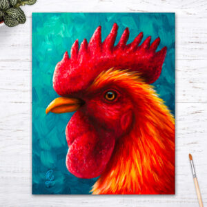 colourful original rooster painting by artist Rachel Froud